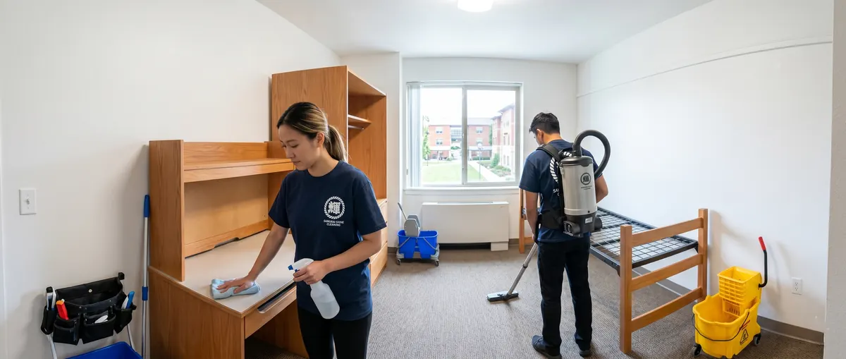Cleaning crew wiping a desk and vacuuming an empty student dorm room